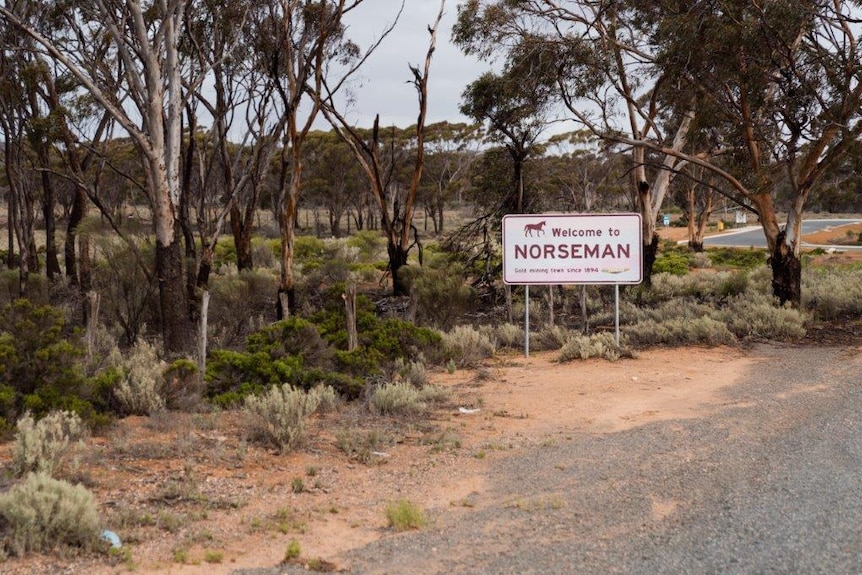 A sign in bushland with red dirt that reads Welcome to Norseman.