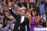 US Democratic presidential candidate Senator Barack Obama waves to the audience