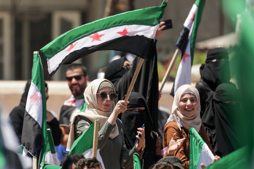 A group of people wave Syrian flags.