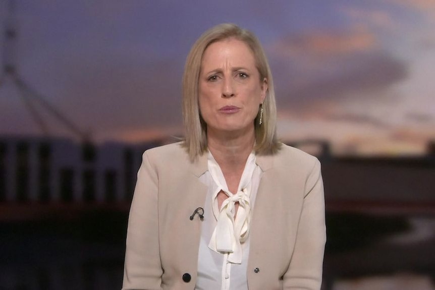 Government minister Katy Gallagher speaks during a television interview.