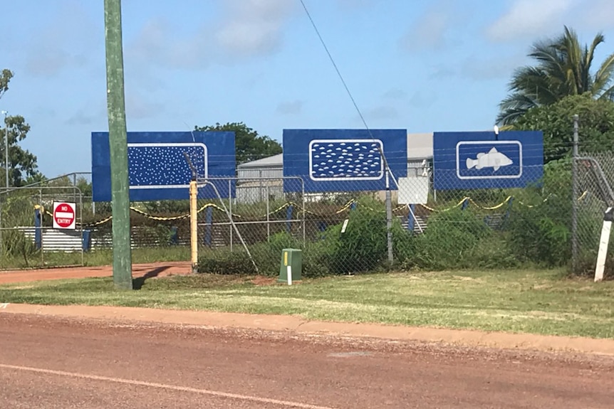 Three blue signs out the front of the Karumba barramundi hatchery.
