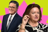 A composite image of Gine Rinehart and Stephen Colbert