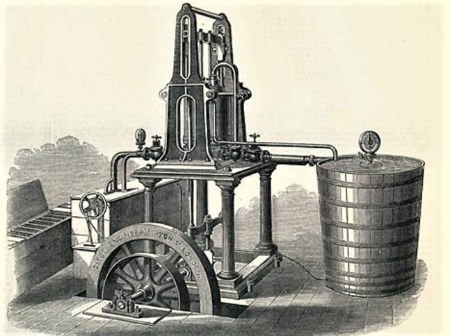 A sketch of a large mechanical contraption with pipes and barrels and large cogs.
