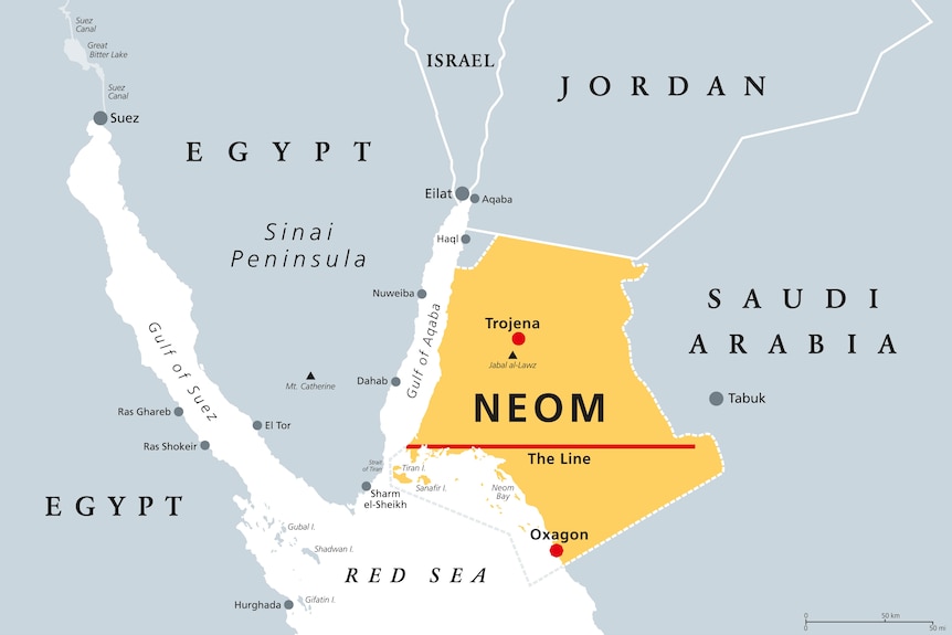 A bird's-eye illustration of Saudi Arabia's development NEOM and the 170-kilometre city The Line. 