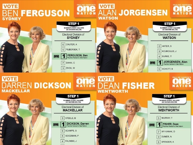 A composite of how-to-vote cards for four different candidates featuring images of Pauline Hanson and Kate McCulloch.