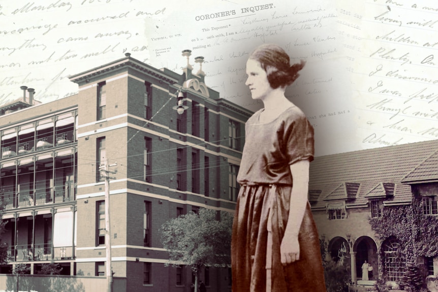 Black and white image of a woman wearing a dress in the foreground, old brick buildings and hand written papers in background.
