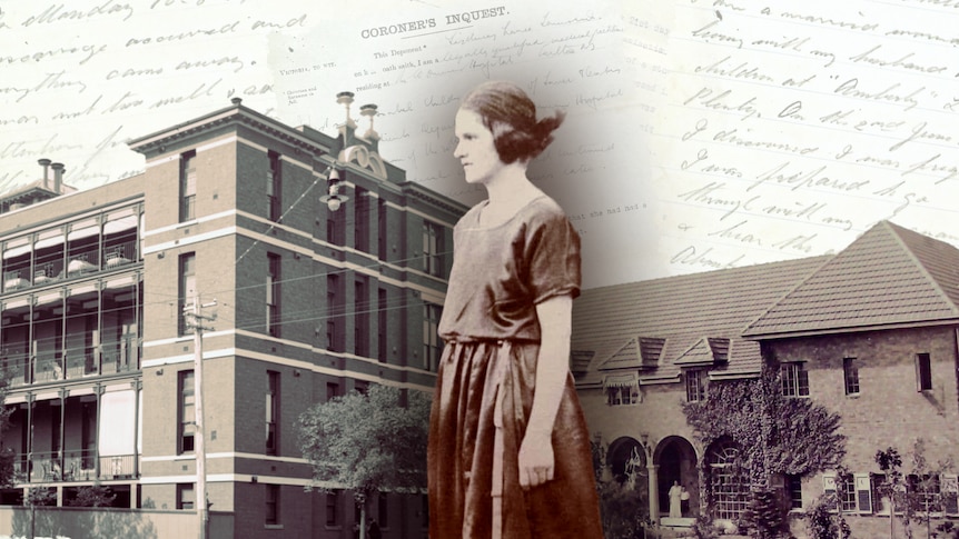 Black and white image of a woman wearing a dress in the foreground, old brick buildings and hand written papers in background.