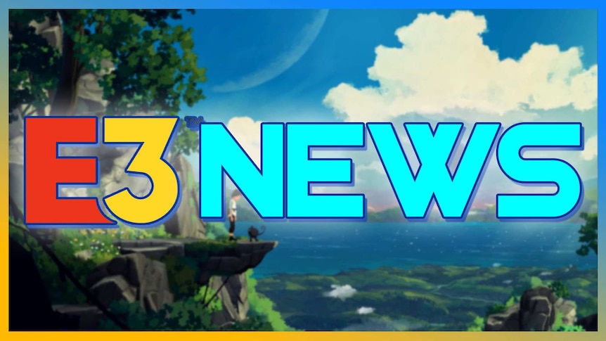 In big font, E3 News against a background of a beautiful landscape in front of a game.