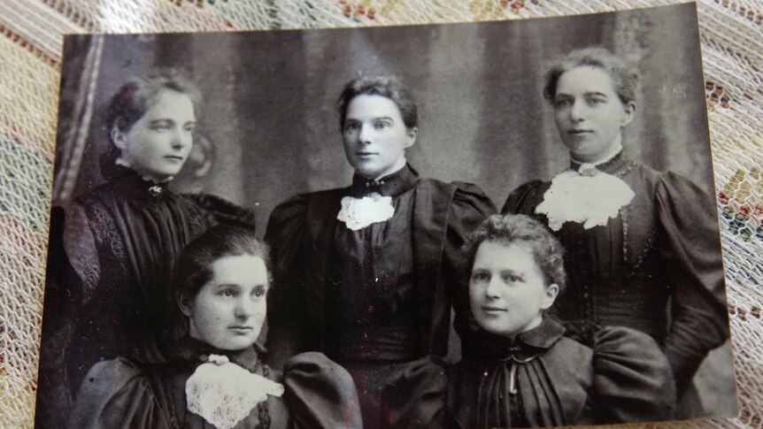 Black and white photo of Elizabeth Mezger and her sisters