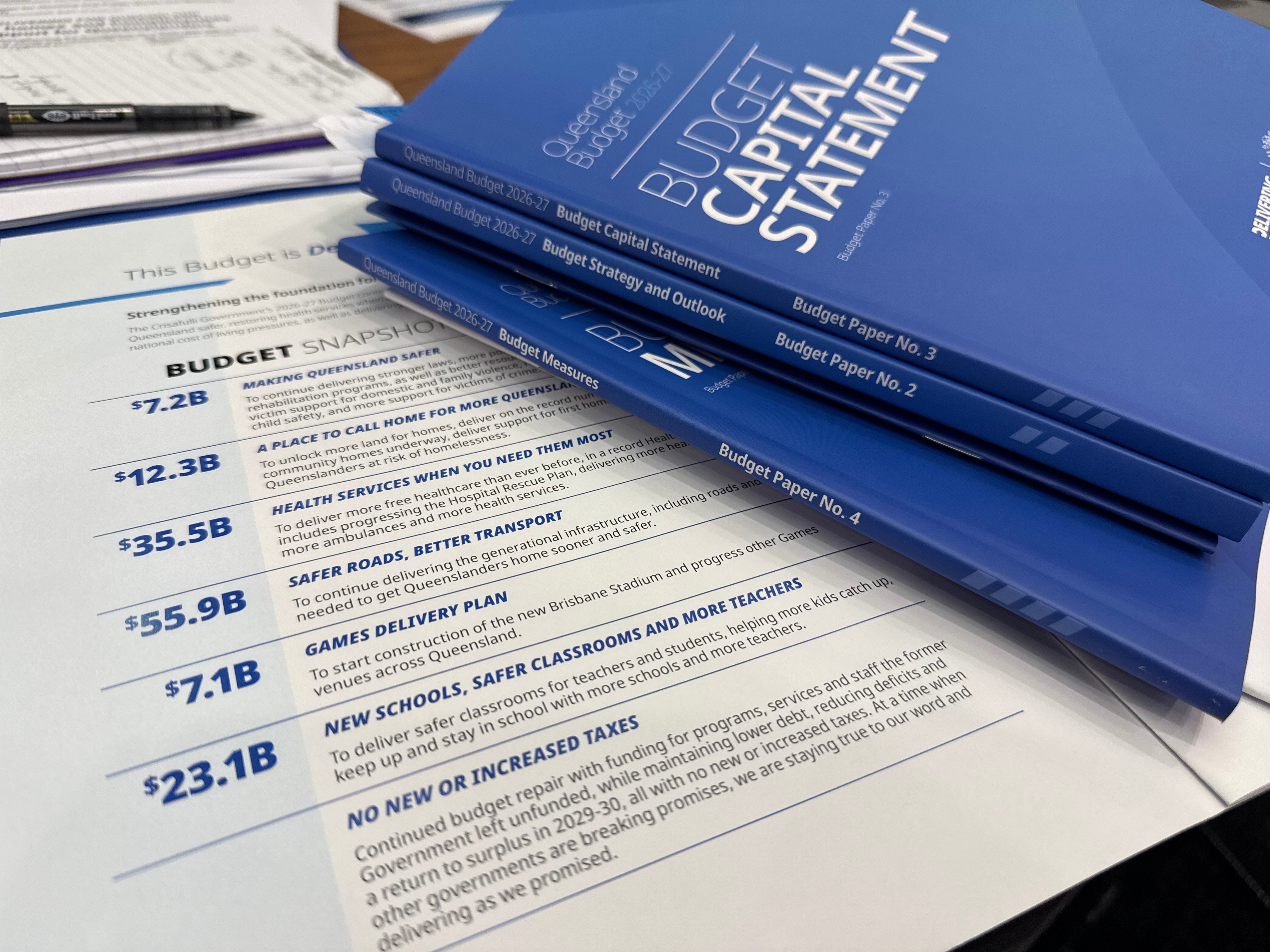 Blue book and white budget papers on a table.