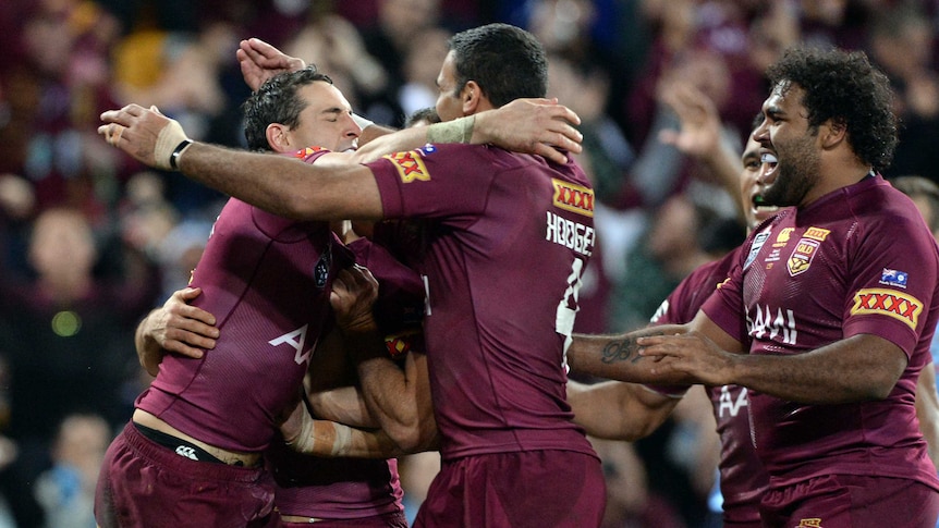 Maroons celebrate Slater's try