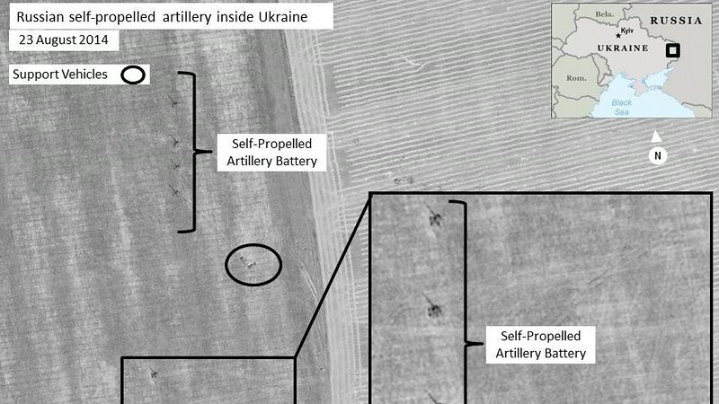 NATO satellite image allegedly shows Russian self-propelled artillery units set up in firing positions, near Krasnodon, Ukraine.