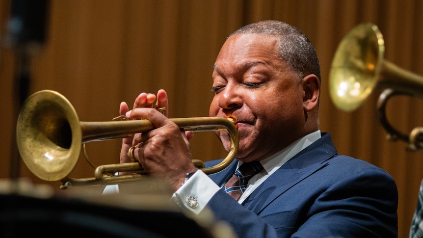Trumpeter Wynton Marsalis with his horn, performing with the JALC Orchestra