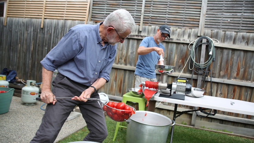 a man shovels tomatoes into a pot with a large strainer while another feeds them through a juicer