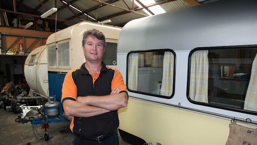 Richard Potter with his collection of vintage caravans.