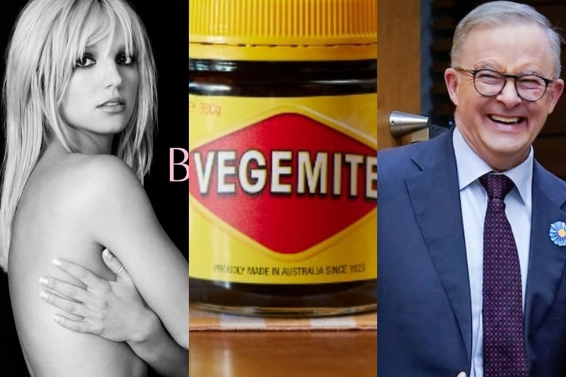 A woman in black and white, a red and yellow jar with the word vegemite on it, a man smiling wearing glases