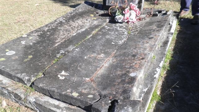 Cracked gravestone at the Stratford cemetery.