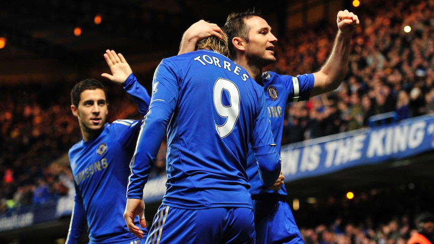Open the floodgates ... Chelsea's Frank Lampard and Eden Hazard celebrate Fernando Torres's opener.