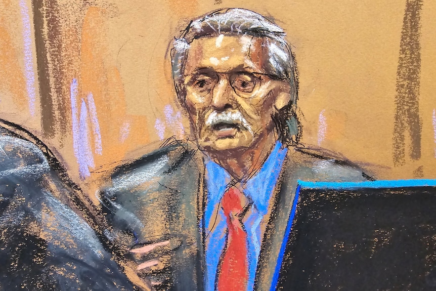 Court sketch of David Pecker on the stand in court.