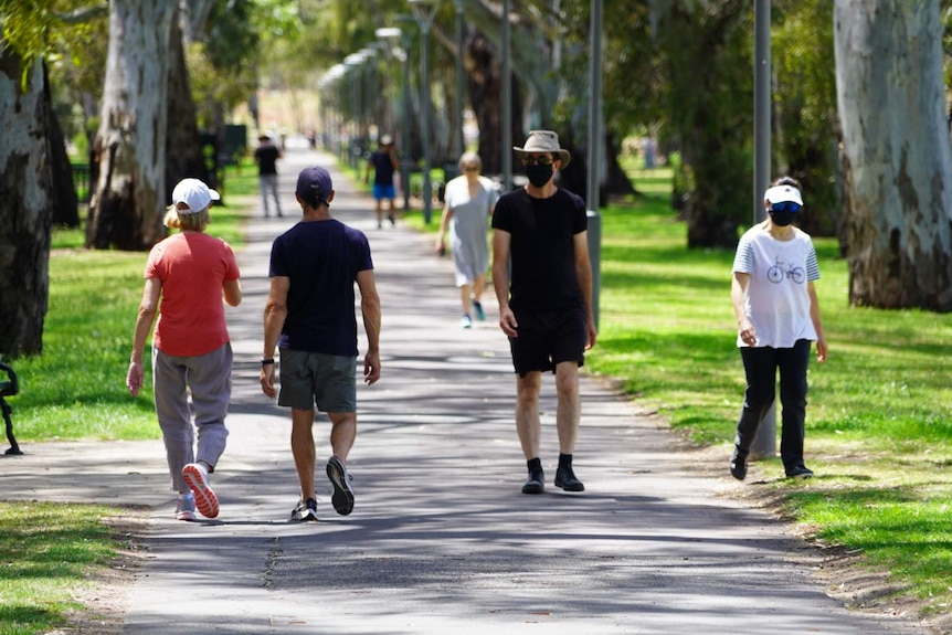 People wearing masks walking along a path in parklands.