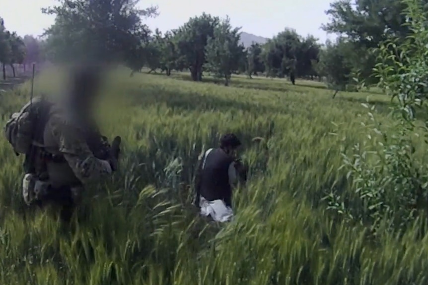 Video still of a man in the tall wheat fighting off a dog.