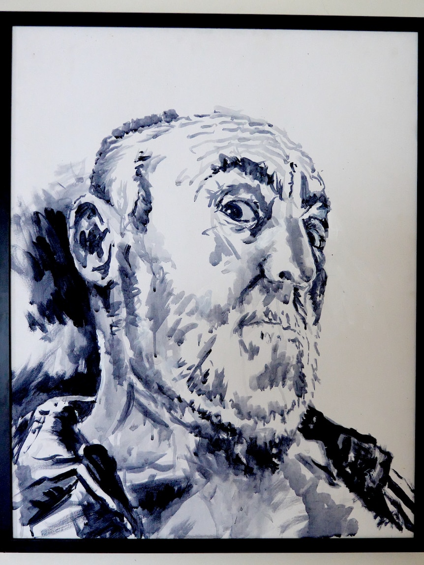 Black and white ink painting of self portrait of the artist