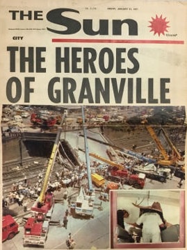 Front page of the Sun newspaper in 1977 with Heroes of Granville headline and picture of disaster