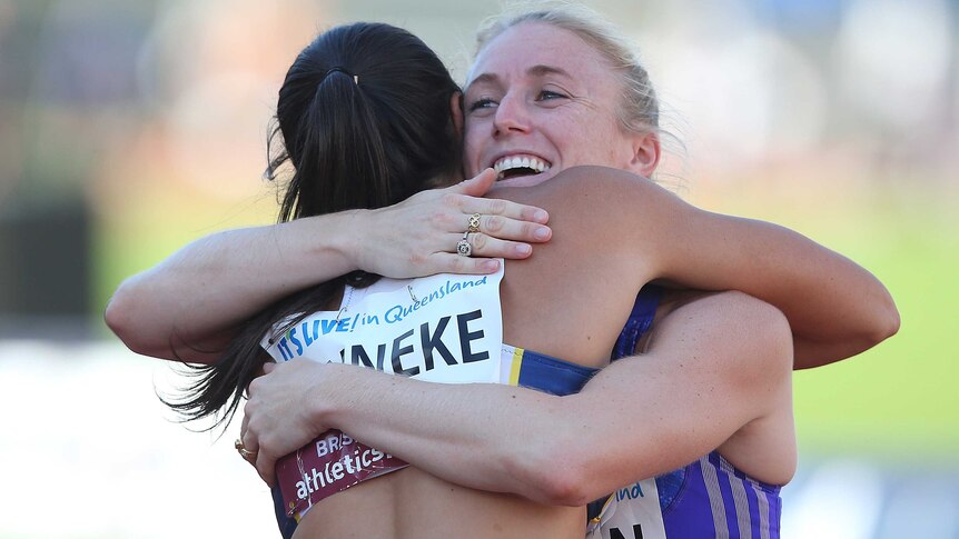 Show of class ... Sally Pearson (R) celebrates with Michelle Jenneke after winning the 100 metres hurdles final