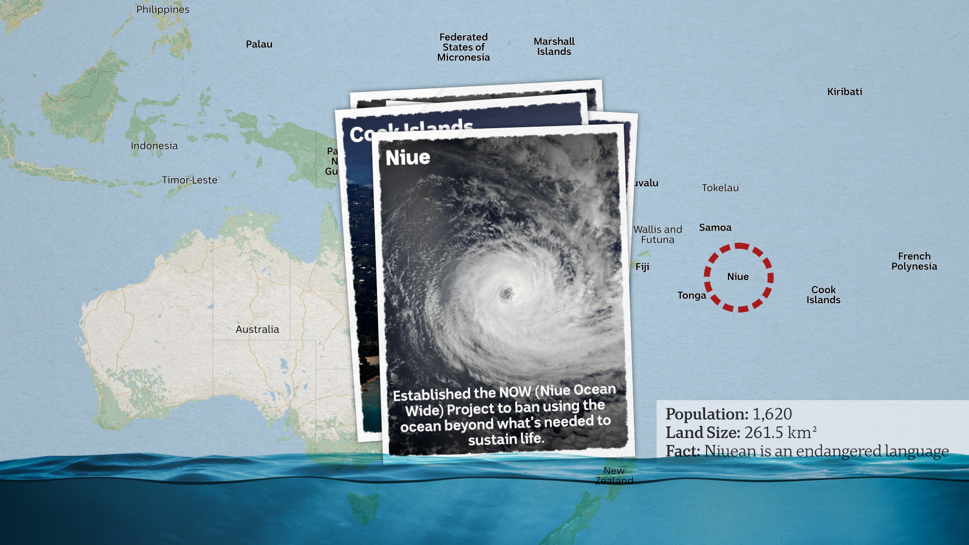 A postcard from Niue showing an aerial shot of the eye of a cyclone.