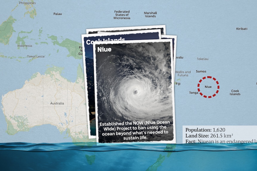 A postcard from Niue showing an aerial shot of the eye of a cyclone.