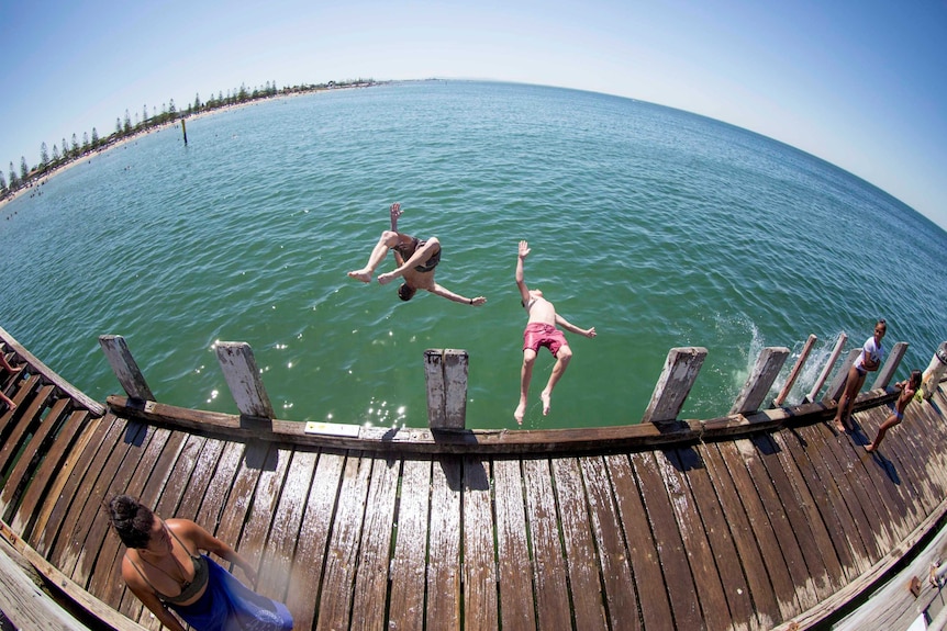 Two boys doing backflips off Altona Pier.