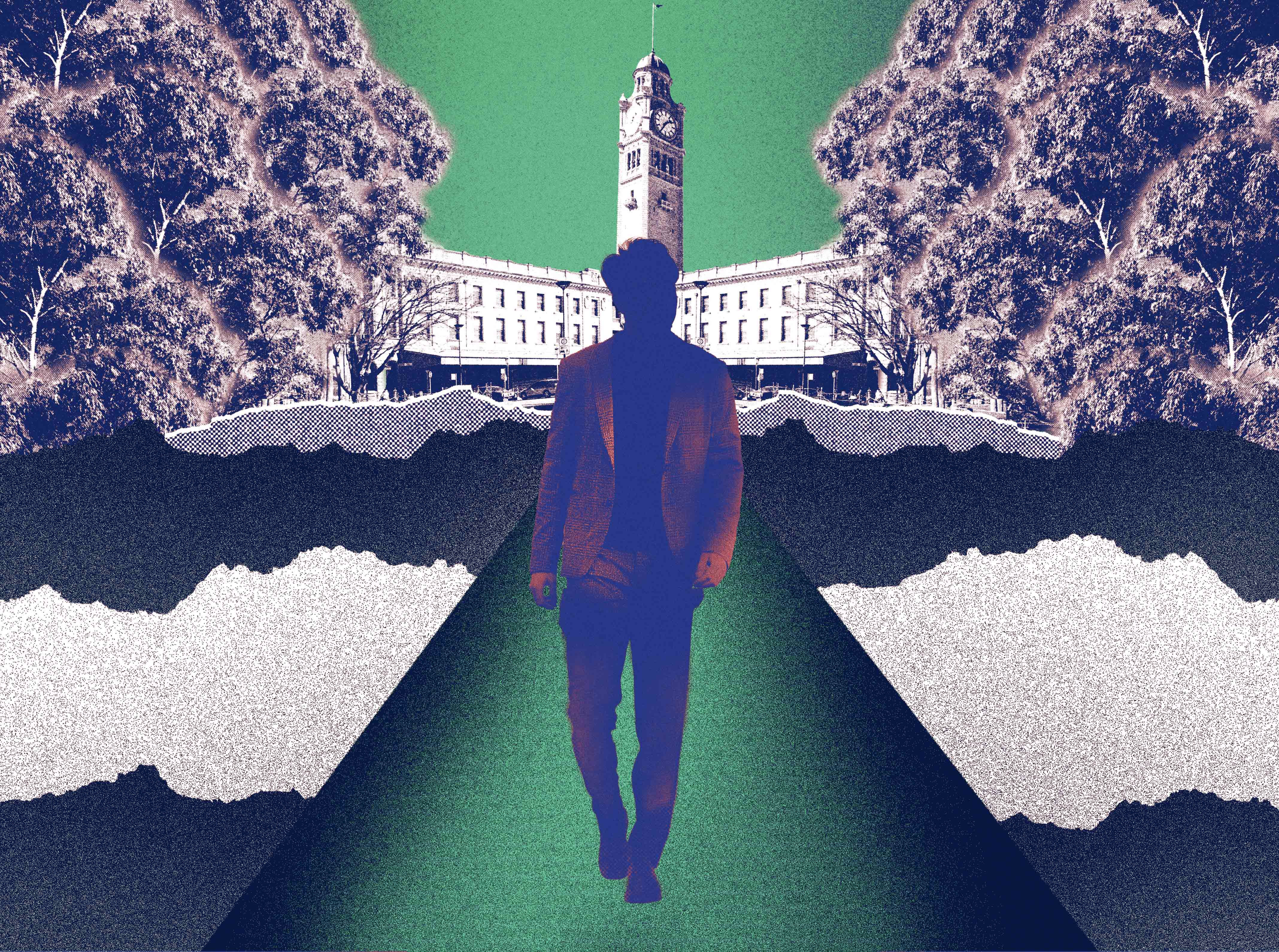 An illustration of a man walking through rows of trees to a train station.