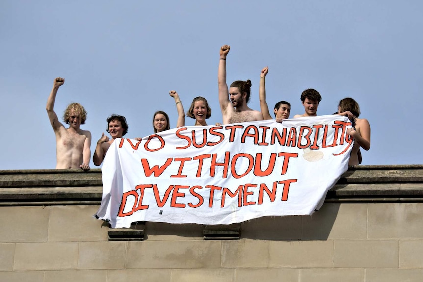 University of Melbourne students strip off to protest against investing in fossil fuels