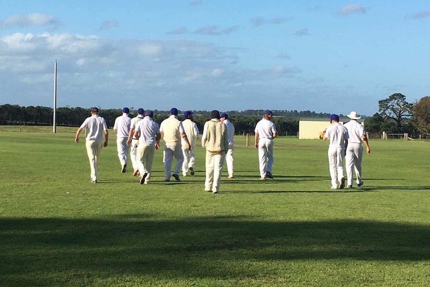 A group of cricketers walk onto the field