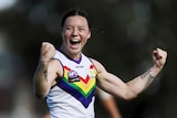 Dockers Roxanne Roux celebrates a goal during the AFLW match against Collingwood
