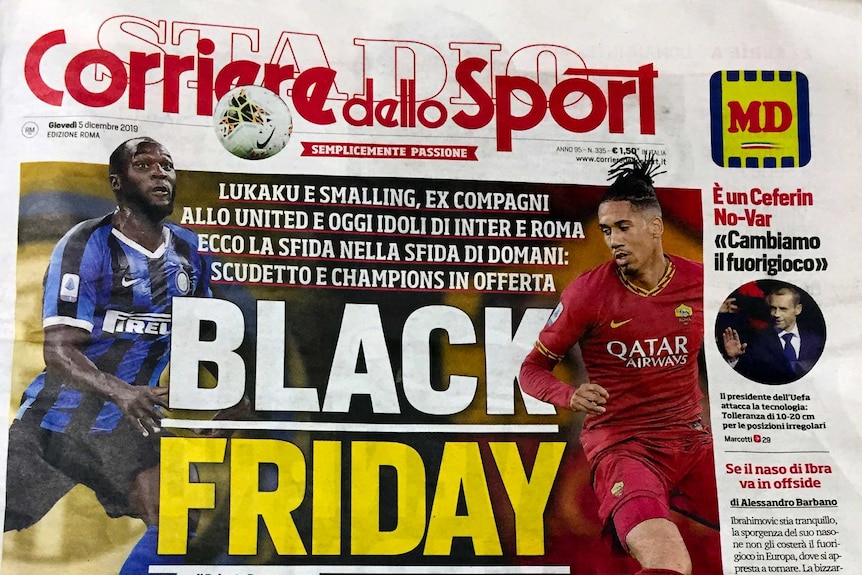 The front page of an Italian newspaper, featuring the headline 'Black Friday' and pictures of two black footballers.