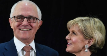 Malcolm Turnbull and Julie Bishop smile as they launch the foreign policy white paper.