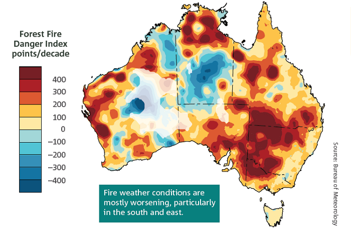 Map of Australia with red indicating big increase in fire danger focused on border region, QLD, NSW, VIC, SA