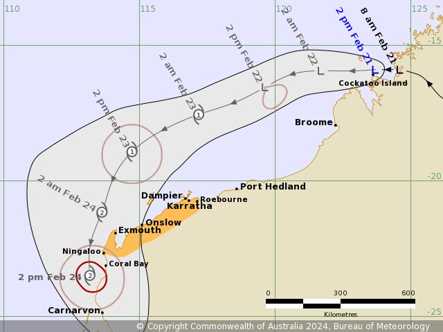 A map showing the tracking of ex-Tropical Cyclone Lincoln, moving into the Pilbara coast