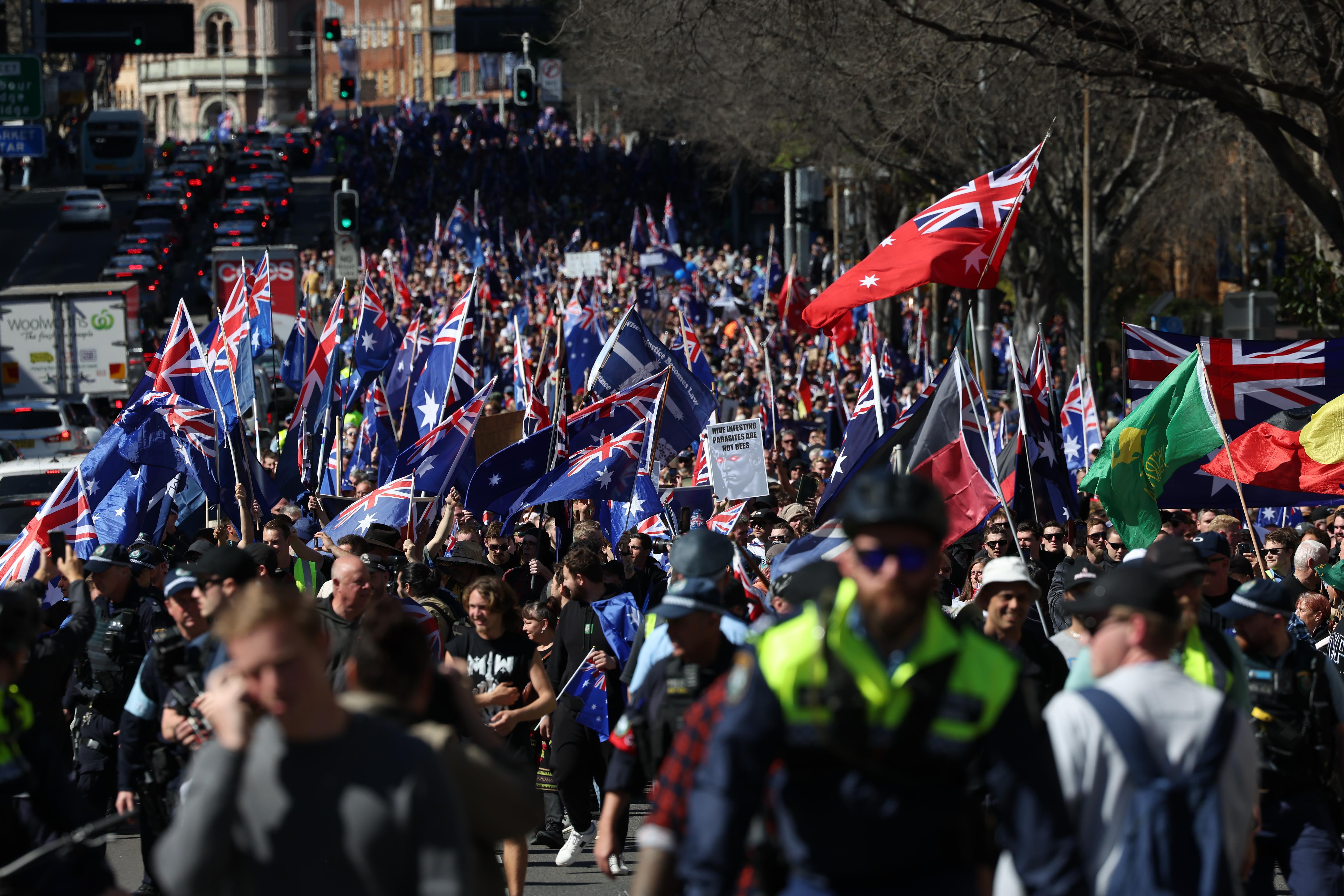 Demonstrators march toward Victoria Park in Sydney during the “March for Australia” rally