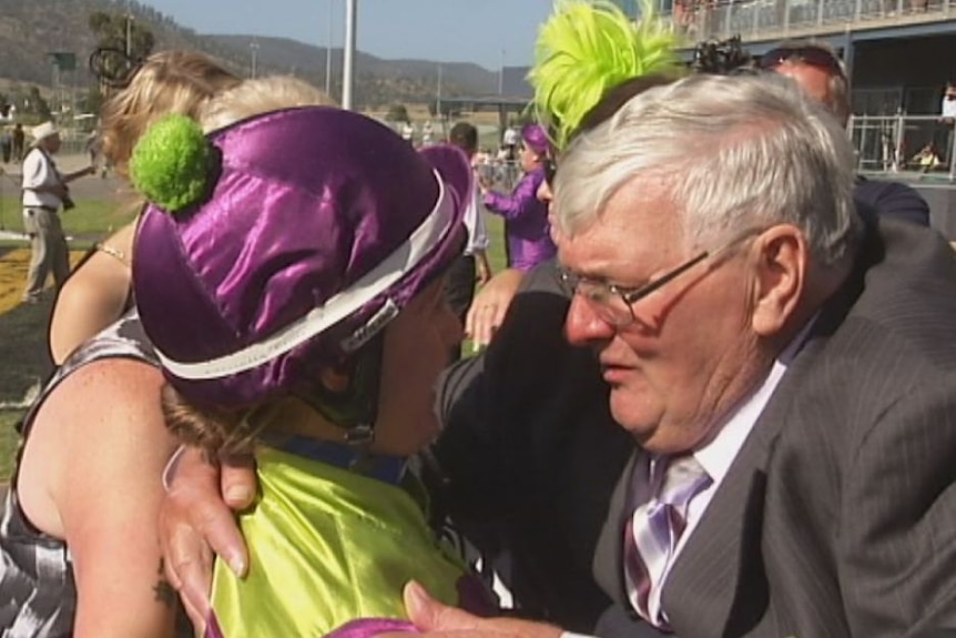 Siggy Carr and Paul Geard hug after she won the Hobart Cup in 2015