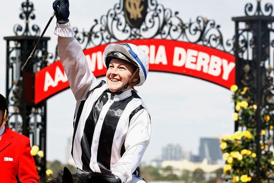 Clare Lindop celebrates after winning the Victoria Derby