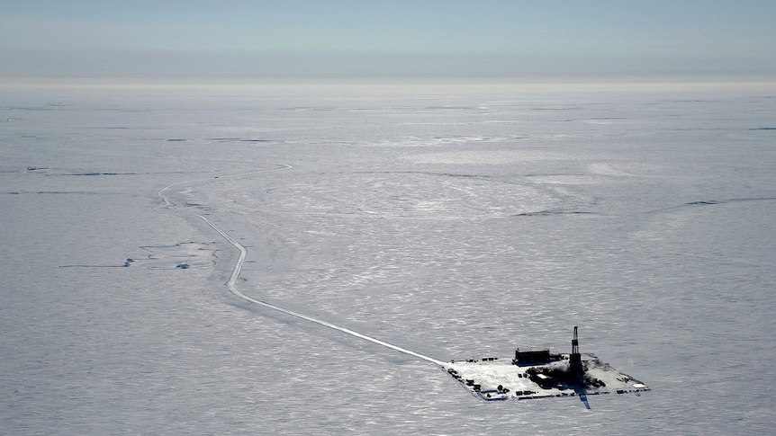 Aerial photo of an exploratory drilling camp at the proposed site of the Willow oil project on Alaska's North Slope.