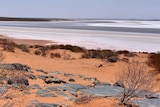 The shoreline of a salt lake surrounded by red earth, rocks and scrub.