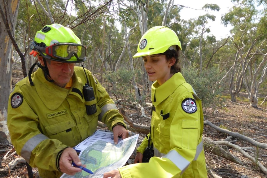 Fire management staff wearing protective fire clothing look at a map and surrounded by bushland.