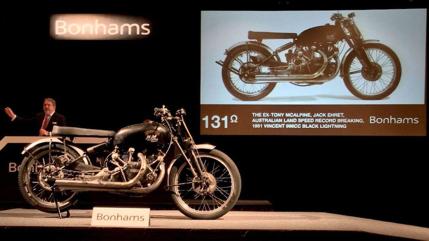 A Vincent Black Lightning motorcycle at an auction in Las Vegas.