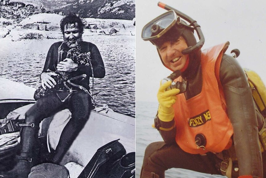 Composite photo of Clarrie Lawler holding a large crab, and another of his smiling in his scuba gear.