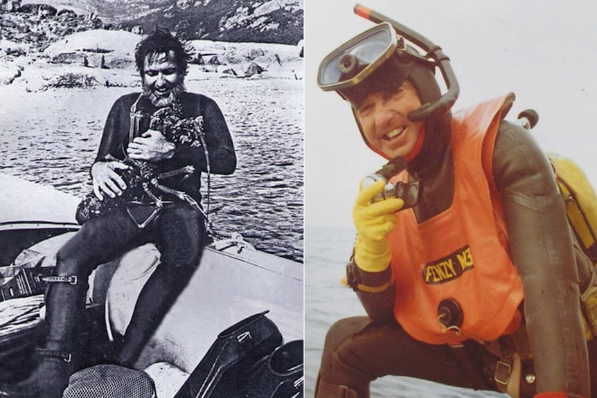 Composite photo of Clarrie Lawler holding a large crab, and another of his smiling in his scuba gear.