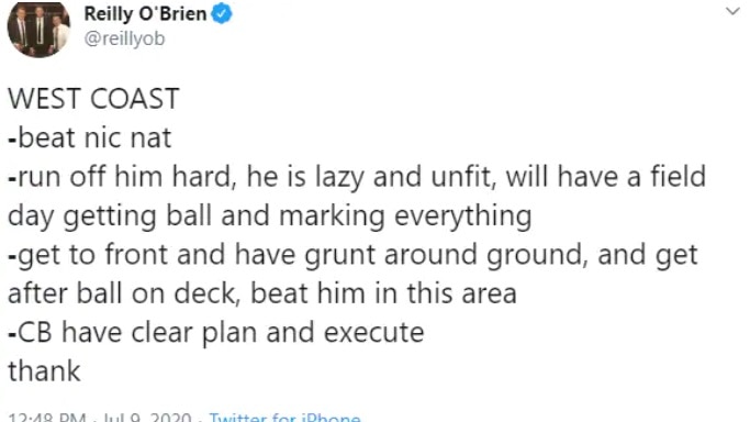 A tweet by Reilly O'Brien with game notes criticising Nic Naitanui.