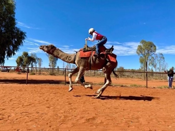 A woman riding a camel with a saddle in an outback race with red dirt